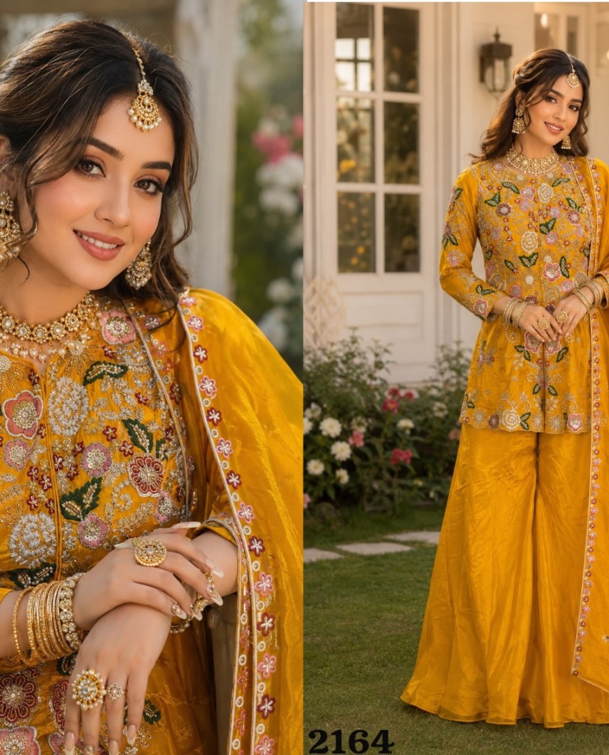 MUSTARD - Embroidered Work Faux Crepe Salwar Suit In Mustard Colour